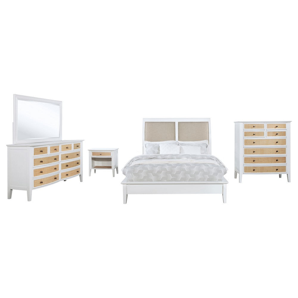 Heo 5pc Queen Bedroom Set | Rattan Woven Drawer | Brown Fabric | White