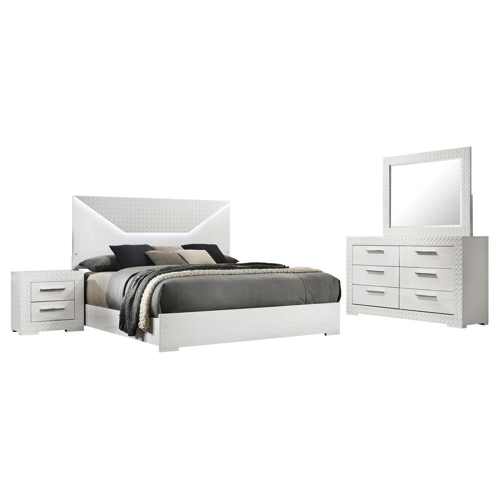 Ivon 4pc Queen Bedroom Set | Diamond Embossed | White High Gloss | LED