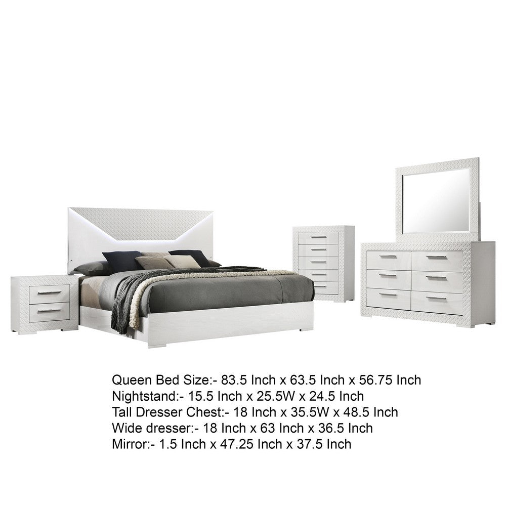 Ivon 5pc Queen Bedroom Set | Diamond Embossed | White High Gloss | LED