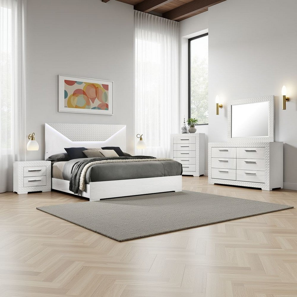 Ivon 5pc Queen Bedroom Set | Diamond Embossed | White High Gloss | LED