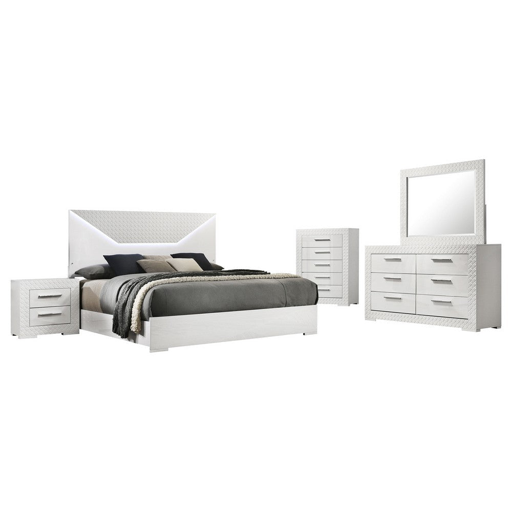 Ivon 5pc Queen Bedroom Set | Diamond Embossed | White High Gloss | LED