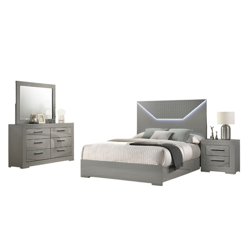 Ivon 4pc Queen Bedroom Set | Diamond Embossed | Gray High Gloss | LED