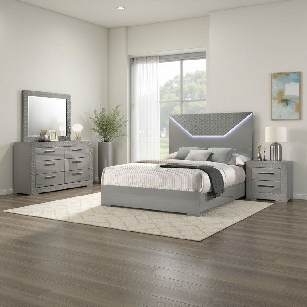 Ivon 4pc Queen Bedroom Set | Diamond Embossed | Gray High Gloss | LED