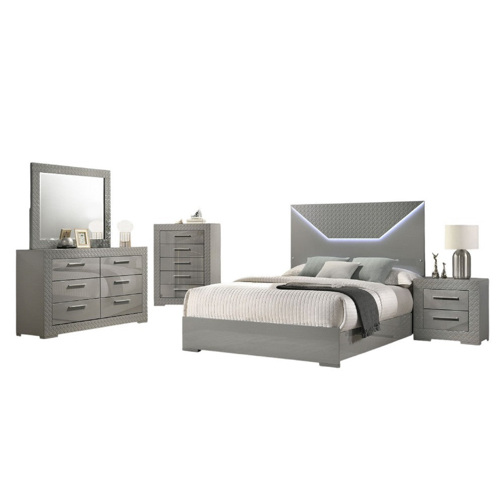 Ivon 5pc Queen Bedroom Set | Diamond Embossed | Gray High Gloss | LED