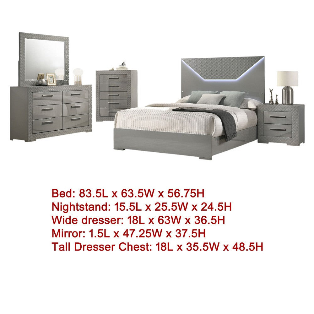Ivon 5pc Queen Bedroom Set | Diamond Embossed | Gray High Gloss | LED