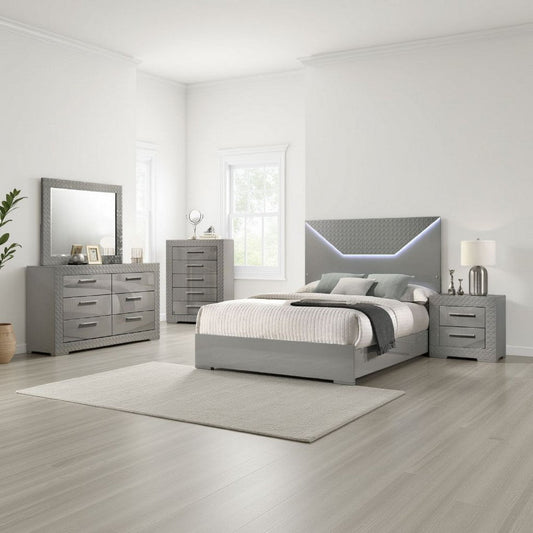 Ivon 5pc Queen Bedroom Set | Diamond Embossed | Gray High Gloss | LED