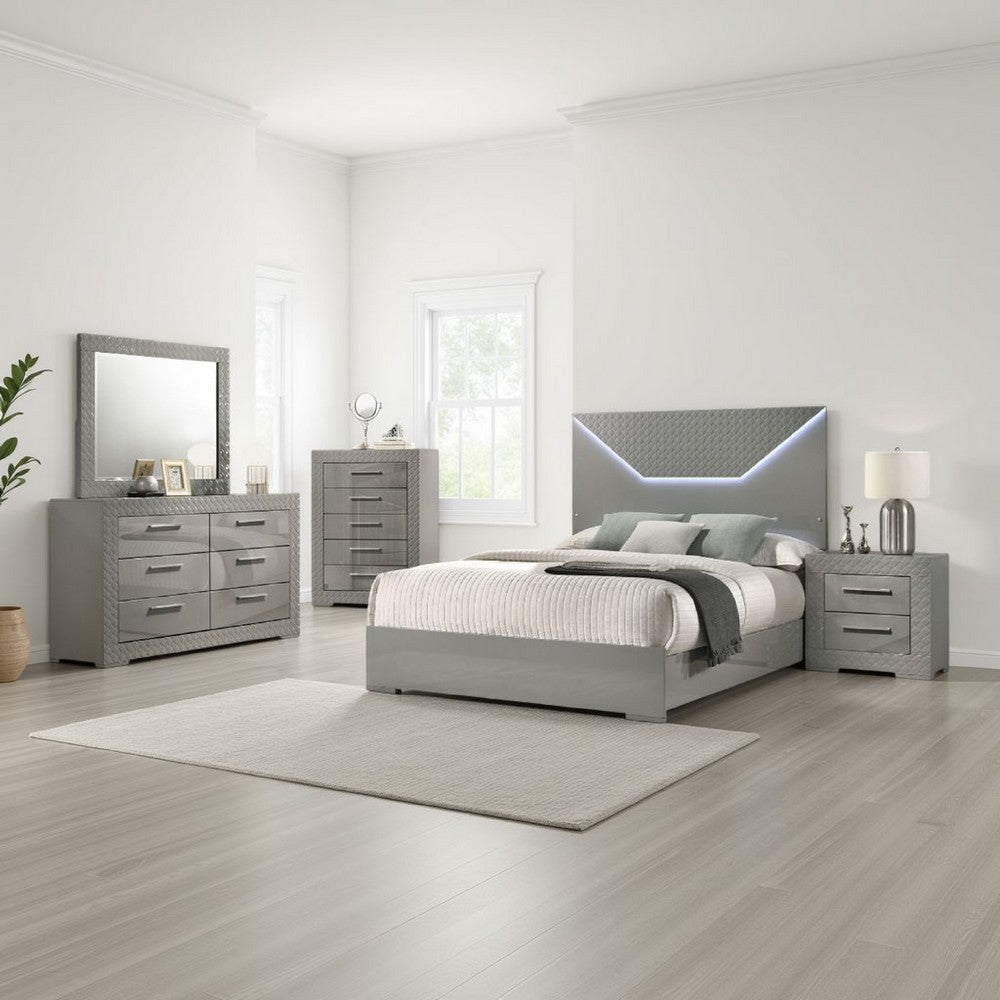 Ivon 5pc Queen Bedroom Set | Diamond Embossed | Gray High Gloss | LED