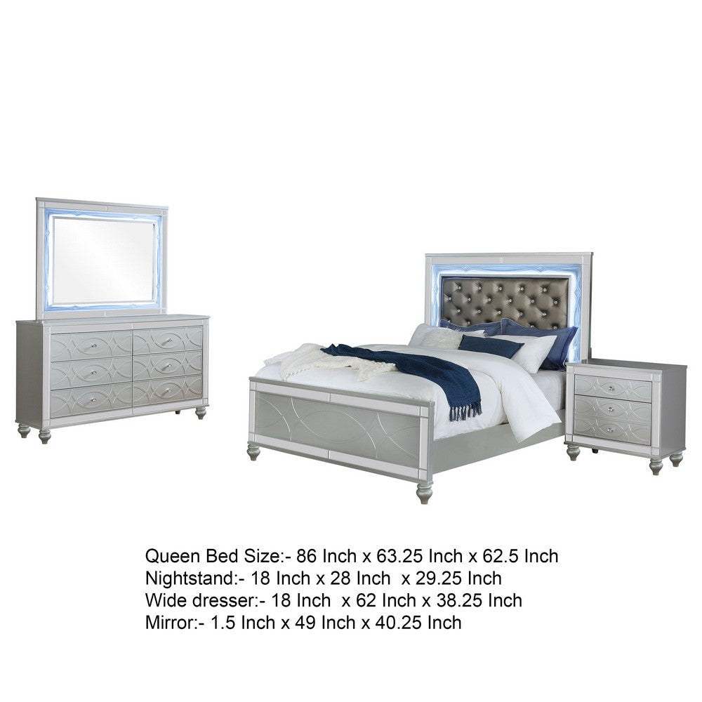 Gina 4pc Queen Bedroom Set | Silver Gray Faux Leather | LED Lights