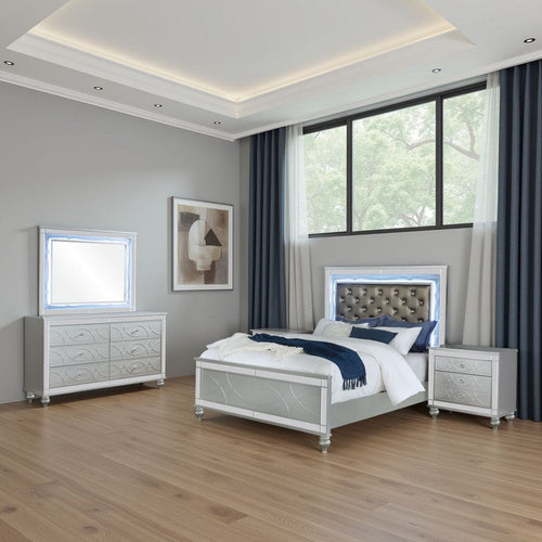 Gina 4pc Queen Bedroom Set | Silver Gray Faux Leather | LED Lights
