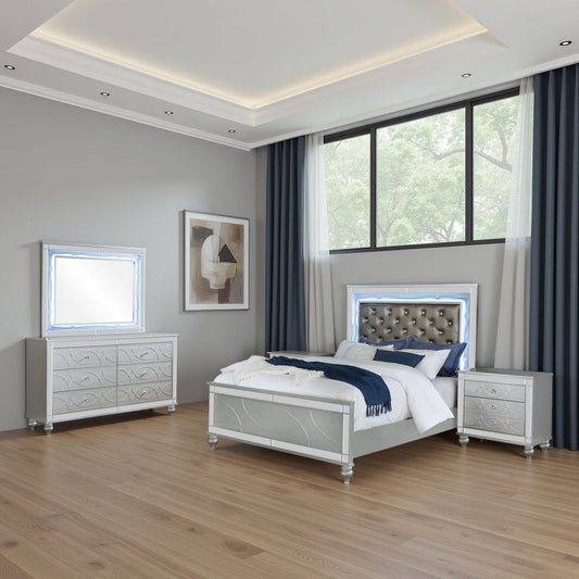 Gina 4pc Queen Bedroom Set | Silver Gray Faux Leather | LED Lights