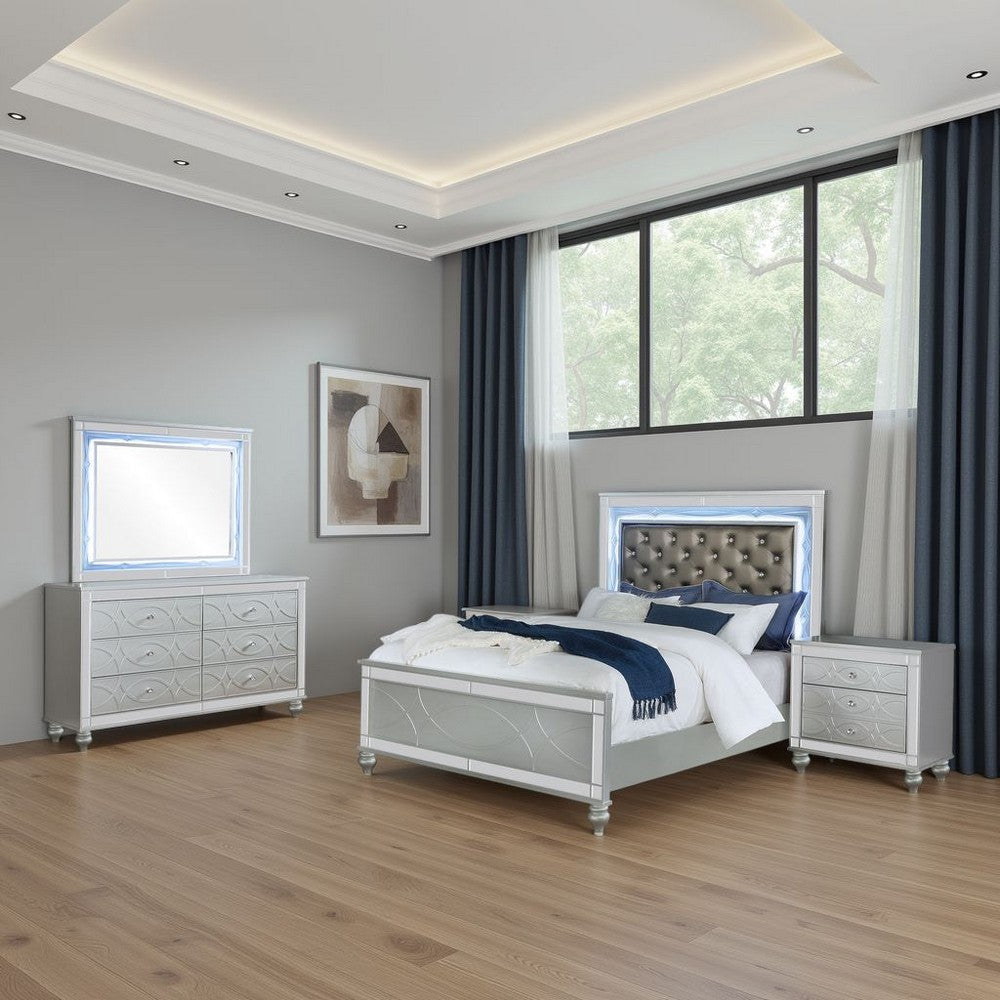 Gina 4pc Queen Bedroom Set | Silver Gray Faux Leather | LED Lights
