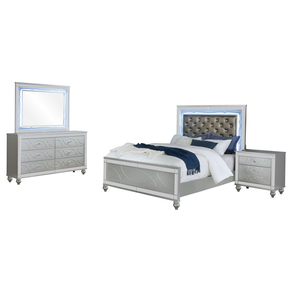 Gina 4pc Queen Bedroom Set | Silver Gray Faux Leather | LED Lights