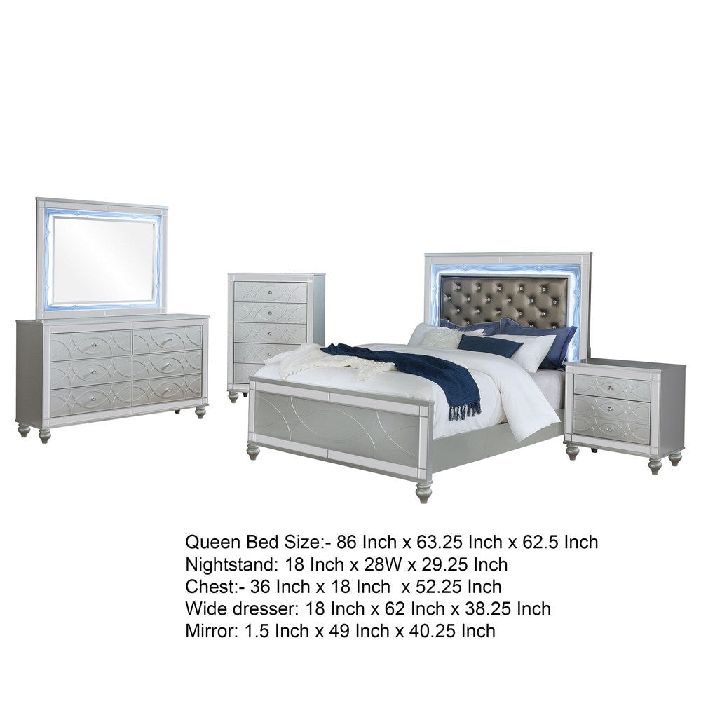 Gina 5pc Queen Bedroom Set | Silver Gray Faux Leather | LED Lights