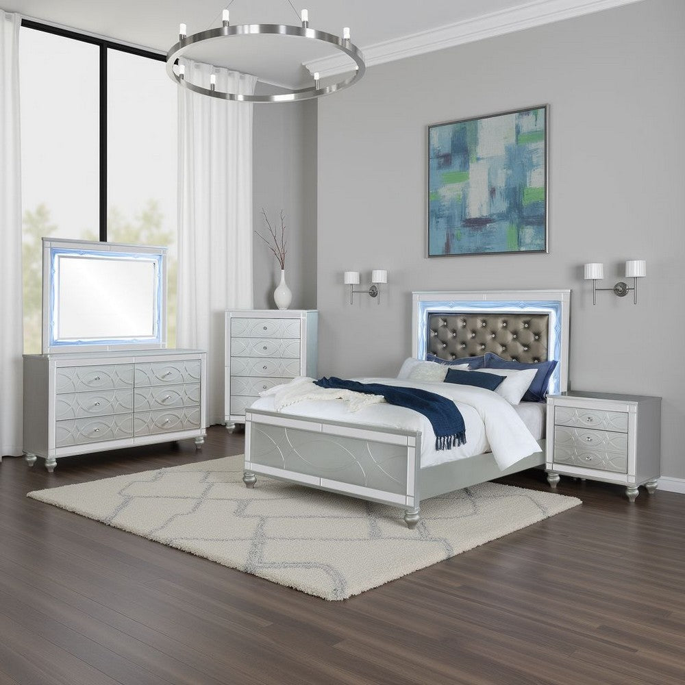 Gina 5pc Queen Bedroom Set | Silver Gray Faux Leather | LED Lights