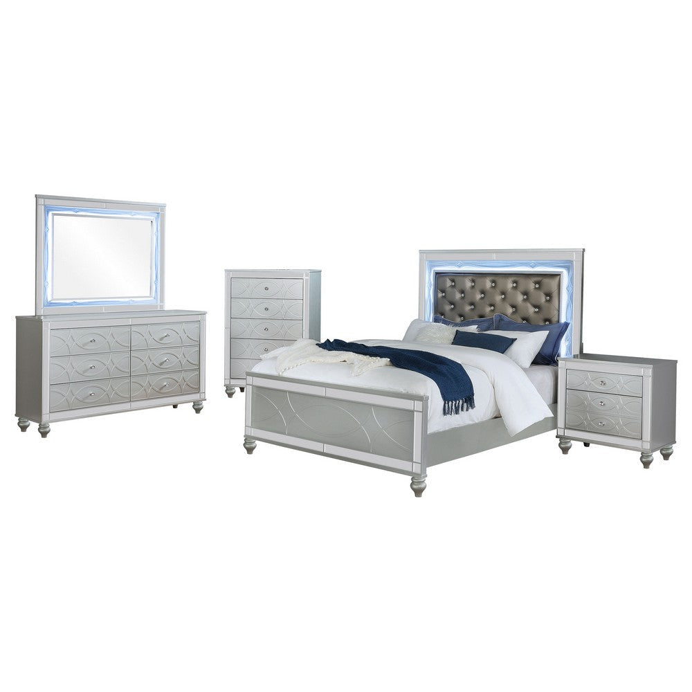 Gina 5pc Queen Bedroom Set | Silver Gray Faux Leather | LED Lights