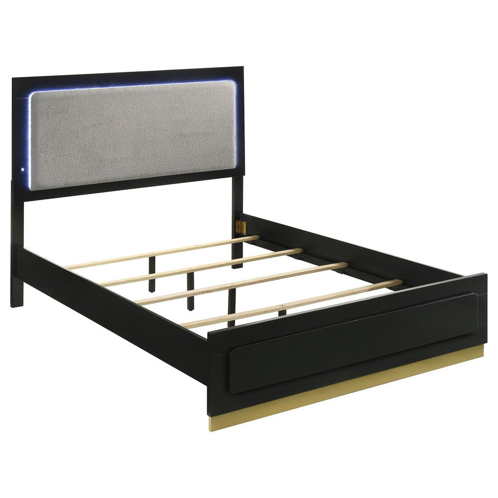 Caer 4pc Queen Bedroom Set in Black | Gold Accents | Gray Upholstery