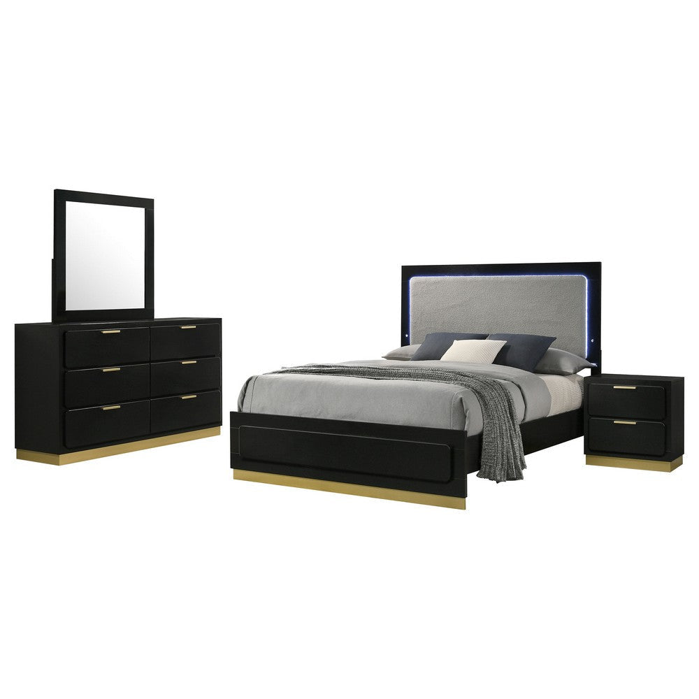 Caer 4pc Queen Bedroom Set in Black | Gold Accents | Gray Upholstery