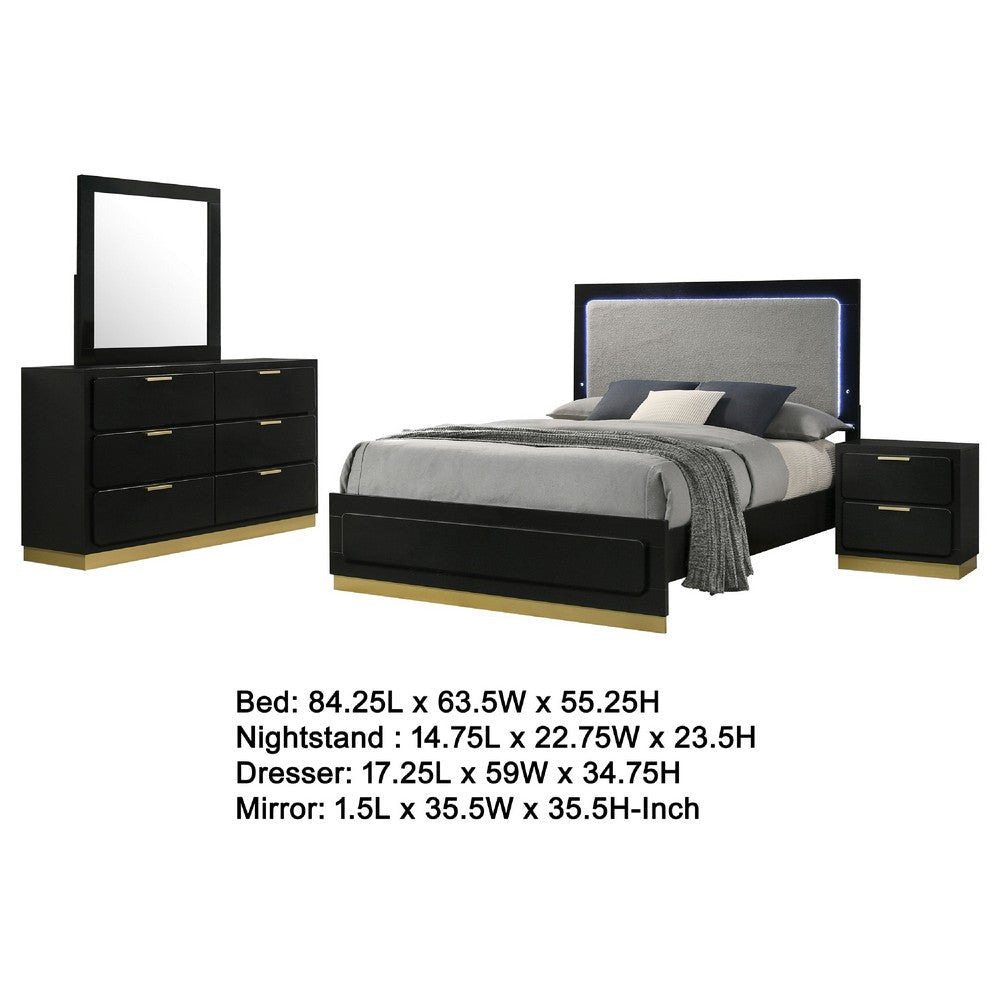 Caer 4pc Queen Bedroom Set in Black | Gold Accents | Gray Upholstery