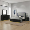 Caer 4pc Queen Bedroom Set in Black | Gold Accents | Gray Upholstery