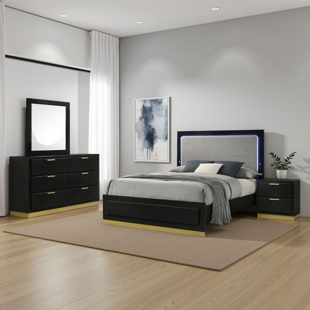 Caer 4pc Queen Bedroom Set in Black | Gold Accents | Gray Upholstery