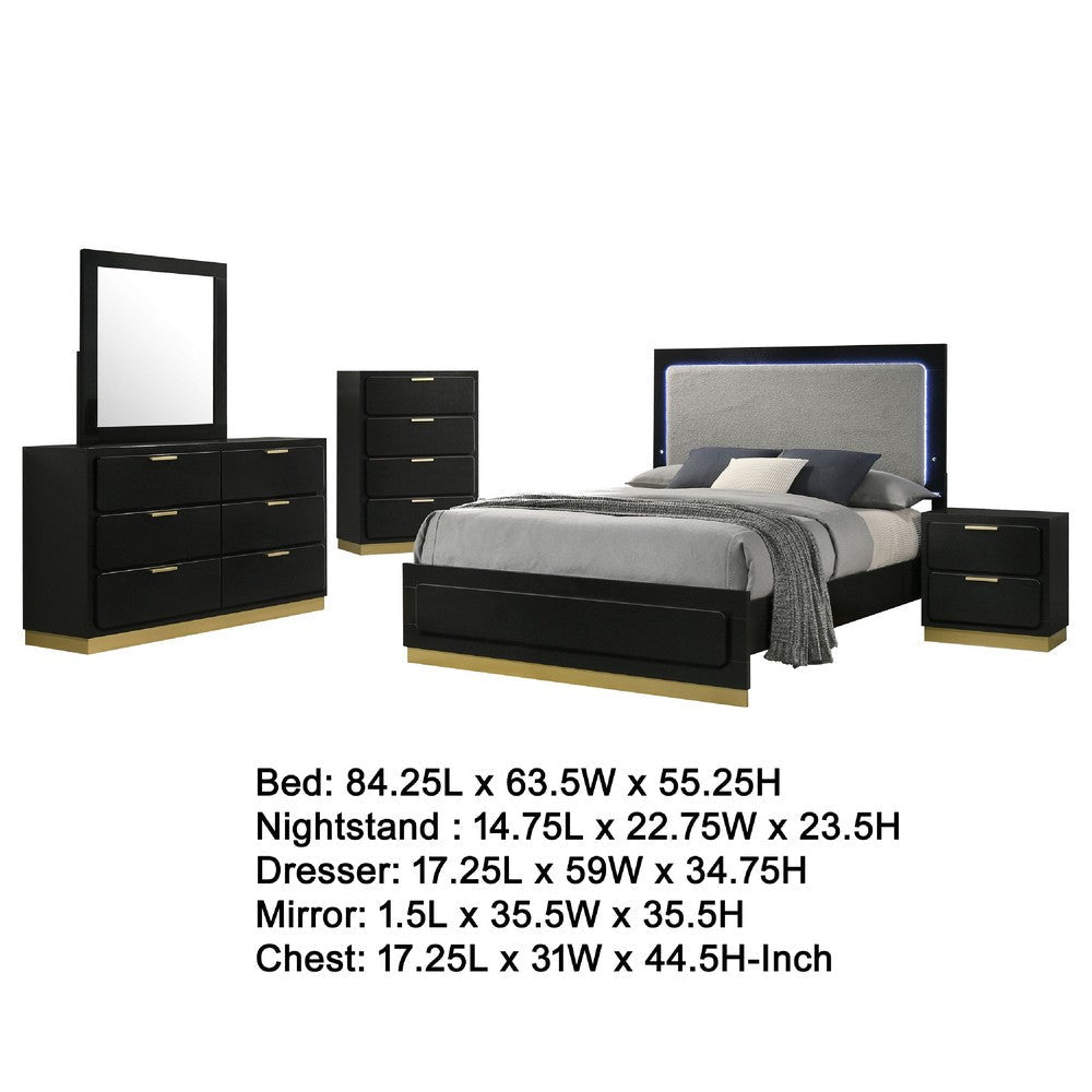 Caer 5pc Queen Bedroom Set in Black | Gold Accents | Gray Upholstery