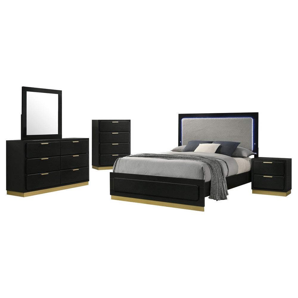 Caer 5pc Queen Bedroom Set in Black | Gold Accents | Gray Upholstery