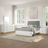 Caer 4pc Queen Bedroom Set in White | Gold Accents | Gray Upholstery