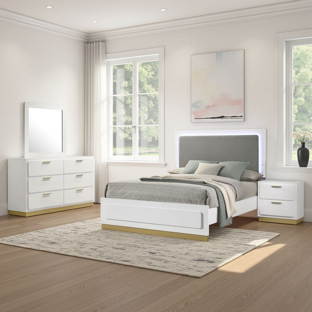 Caer 4pc Queen Bedroom Set in White | Gold Accents | Gray Upholstery
