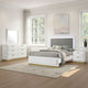 Caer 4pc Queen Bedroom Set in White | Gold Accents | Gray Upholstery