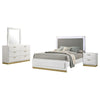 Caer 4pc Queen Bedroom Set in White | Gold Accents | Gray Upholstery BM336577