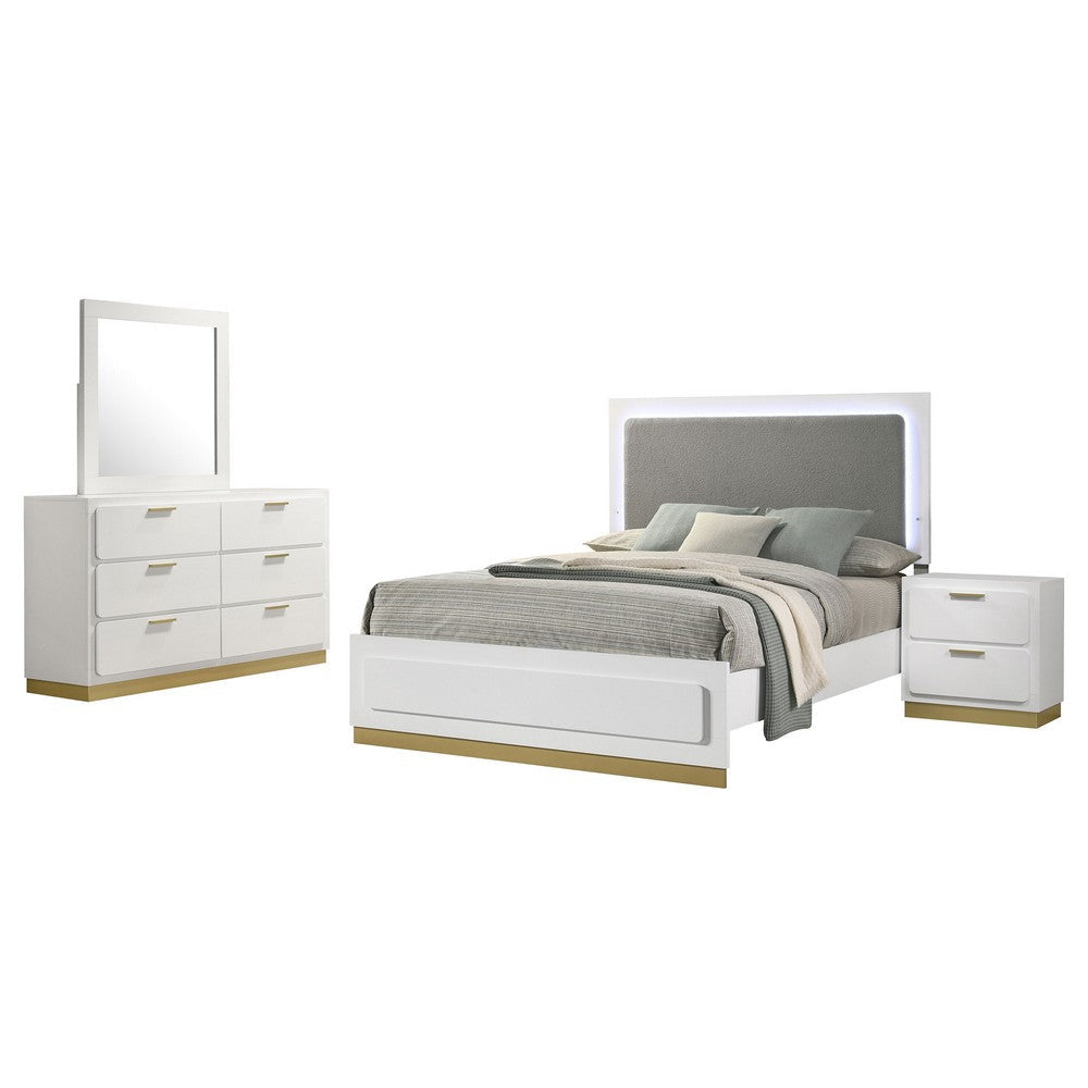 Caer 4pc Queen Bedroom Set in White | Gold Accents | Gray Upholstery BM336577