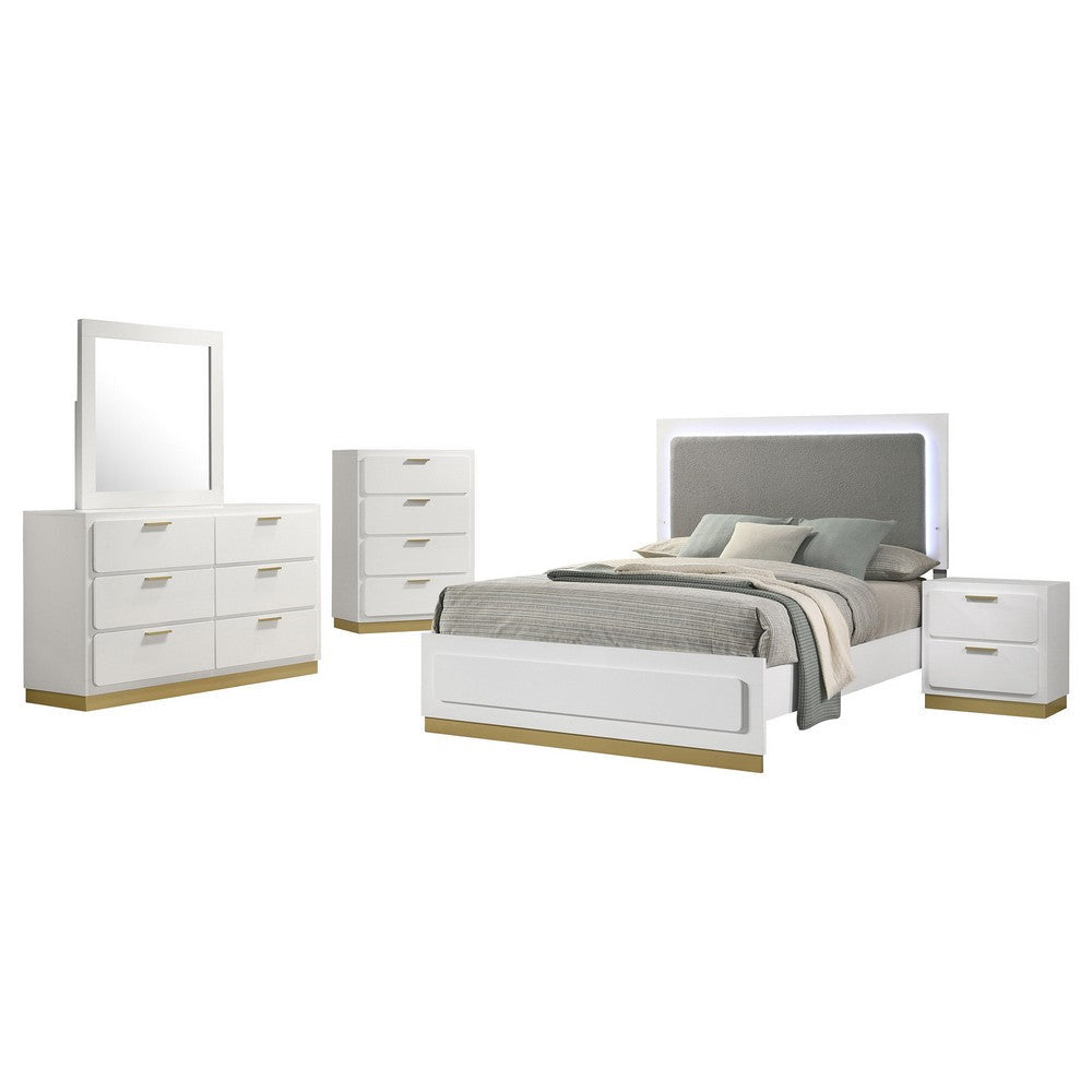 Caer 5pc Queen Bedroom Set in White | Gold Accents | Gray Upholstery BM336578