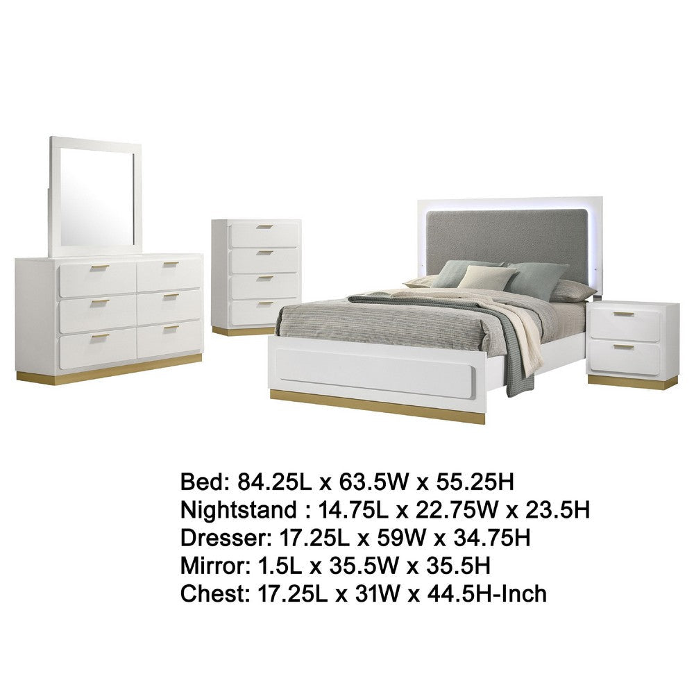 Caer 5pc Queen Bedroom Set in White | Gold Accents | Gray Upholstery BM336578