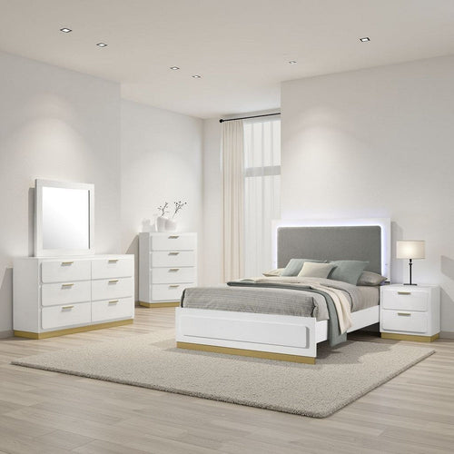 Caer 5pc Queen Bedroom Set in White | Gold Accents | Gray Upholstery