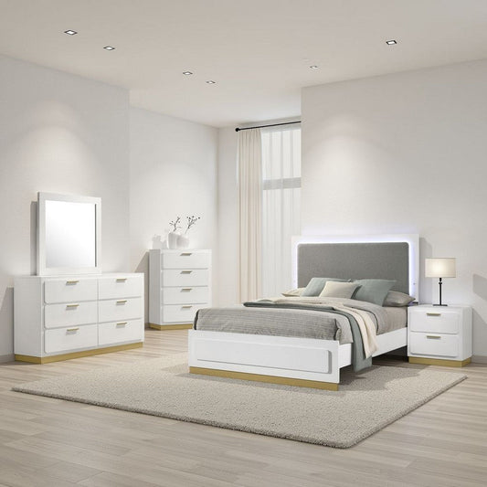 Caer 5pc Queen Bedroom Set in White | Gold Accents | Gray Upholstery