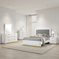 Caer 5pc Queen Bedroom Set in White | Gold Accents | Gray Upholstery