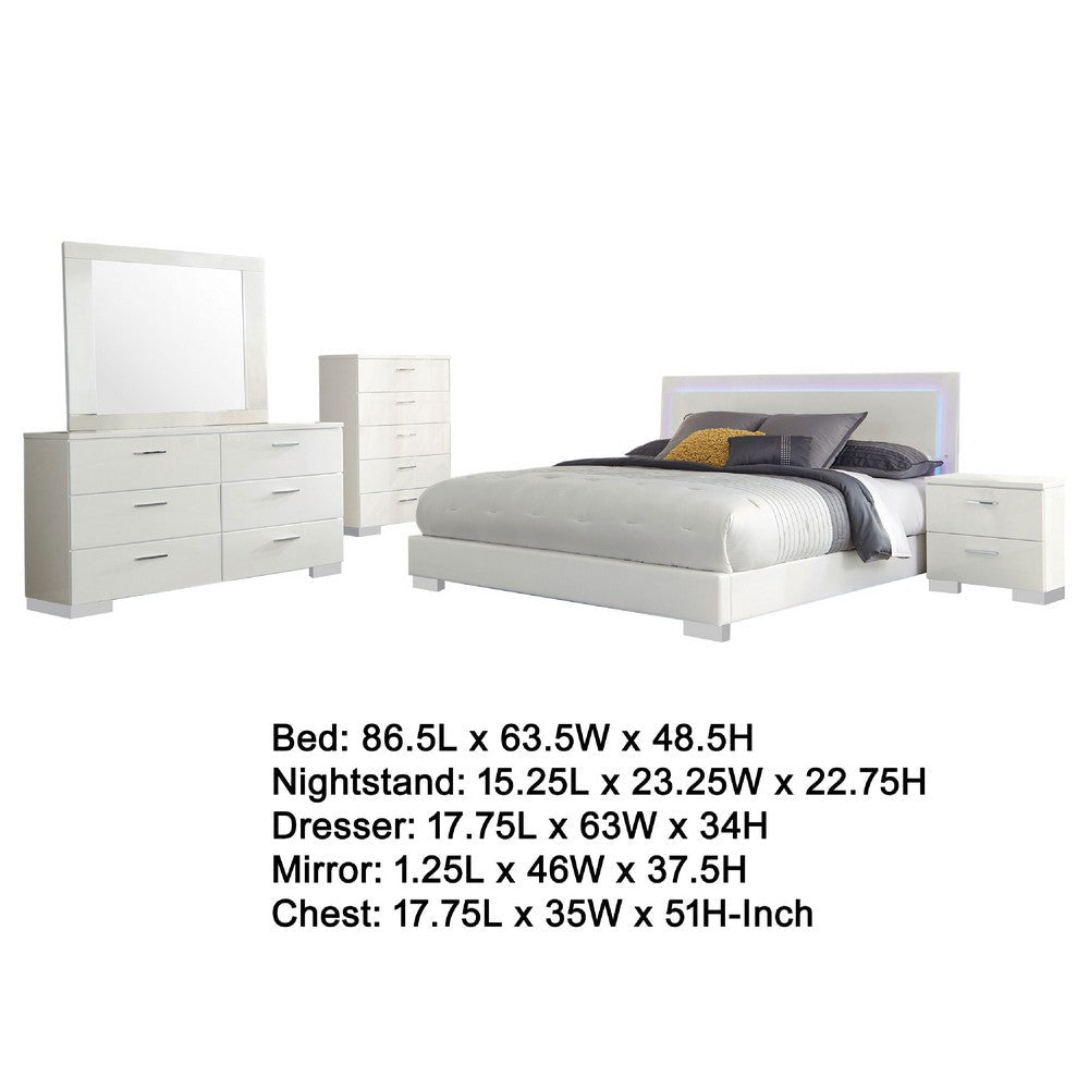 Sok 5pc Queen Bedroom Set | Faux Leather Upholstery | High Gloss White