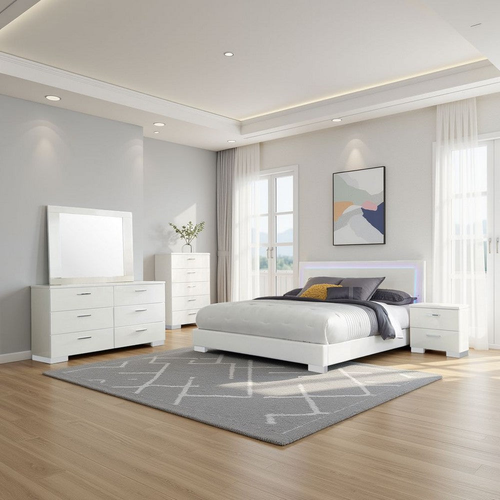 Sok 5pc Queen Bedroom Set | Faux Leather Upholstery | High Gloss White