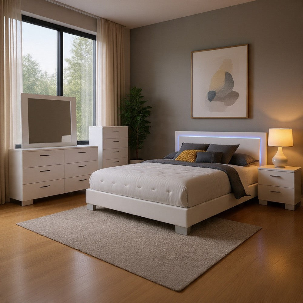 Sok 5pc Queen Bedroom Set | Faux Leather Upholstery | High Gloss White