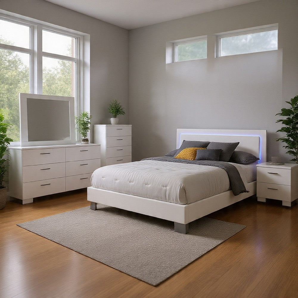 Sok 5pc Queen Bedroom Set | Faux Leather Upholstery | High Gloss White