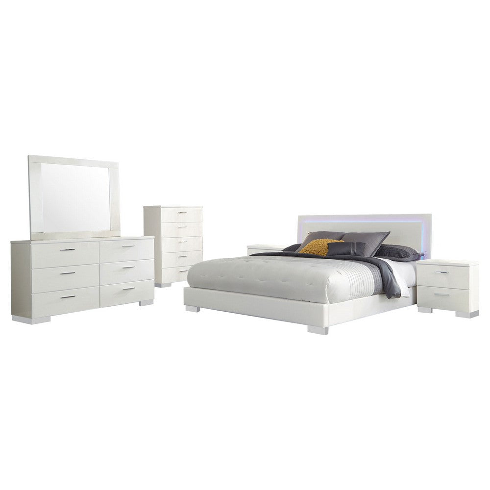 Sok 6pc Queen Bedroom Set | Faux Leather Upholstery | High Gloss White