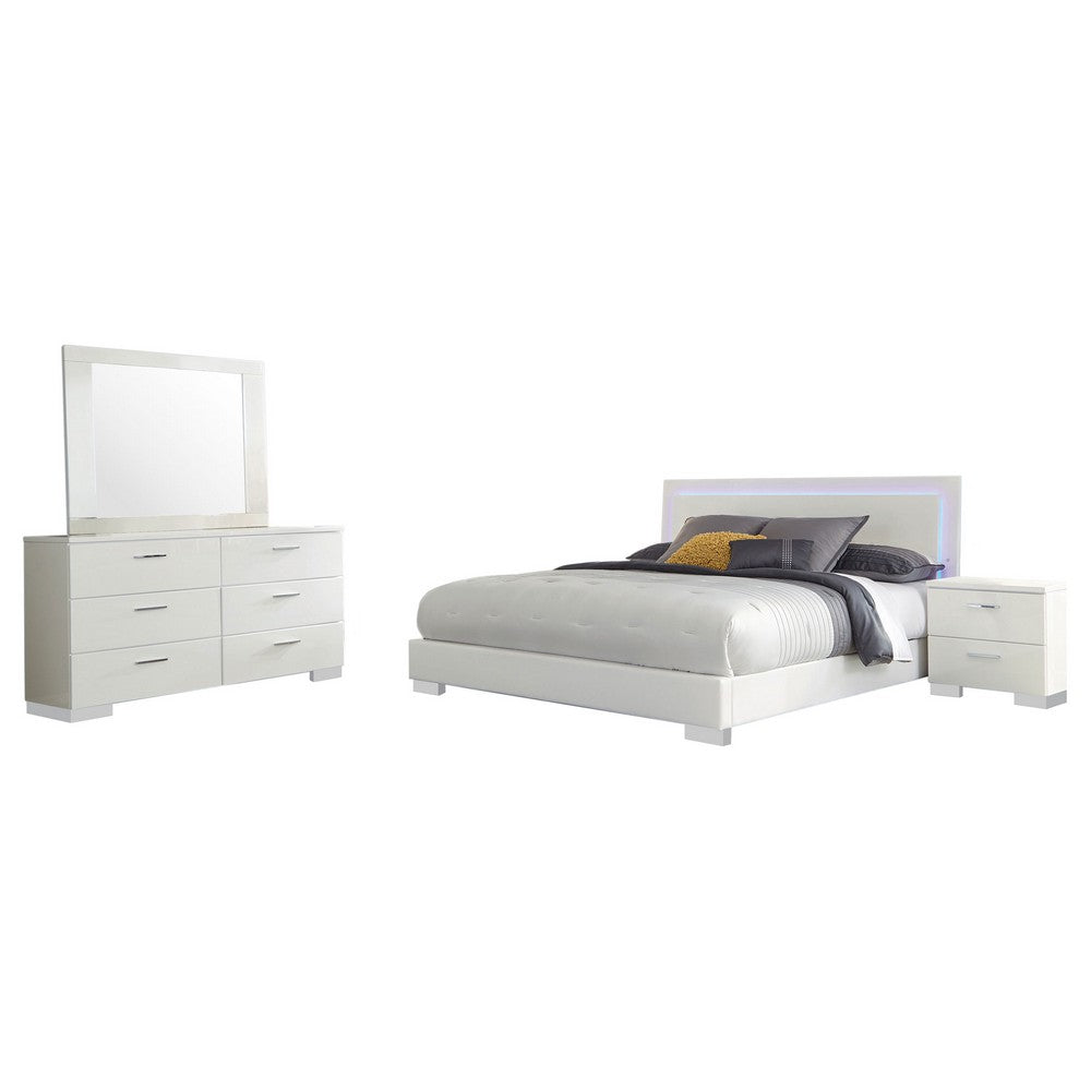 Sok 4pc King Bedroom Set | Faux Leather Upholstery | High Gloss White