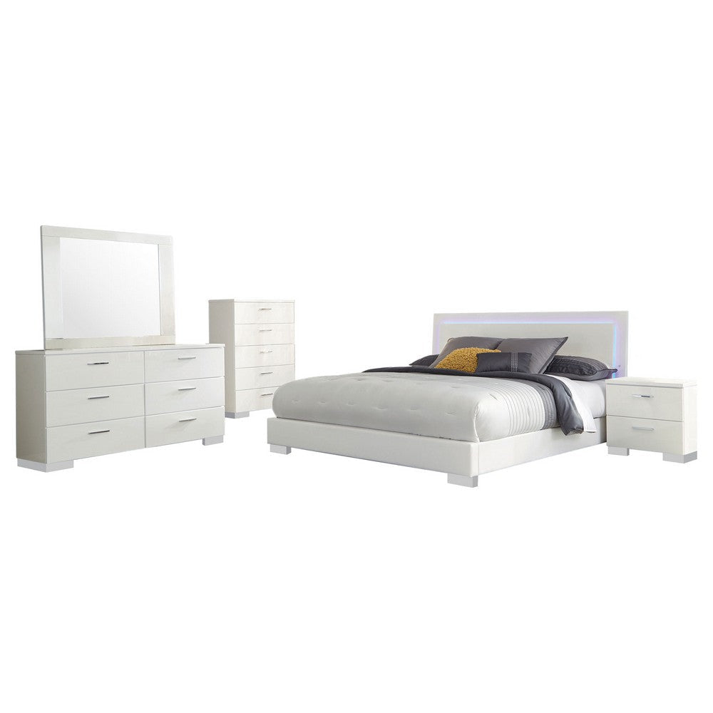 Sok 5pc King Bedroom Set | Faux Leather Upholstery | High Gloss White