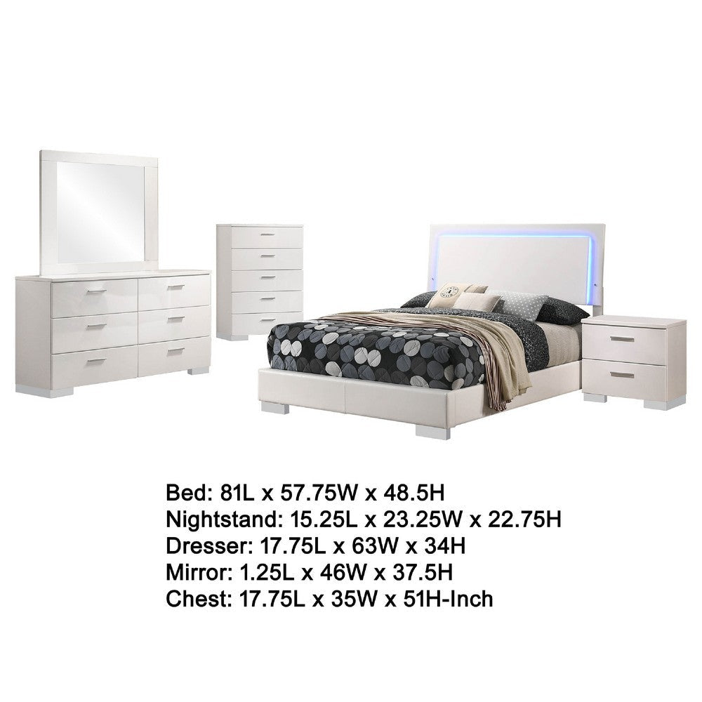 Sok 5pc Full Bedroom Set with Blue LED Lights | White High Gloss Wood