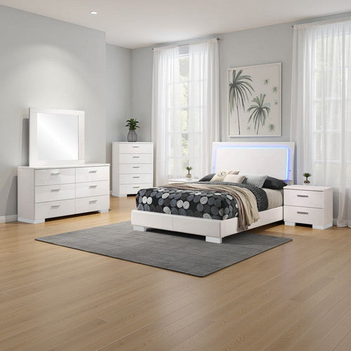 Sok 5pc Full Bedroom Set with Blue LED Lights | White High Gloss Wood