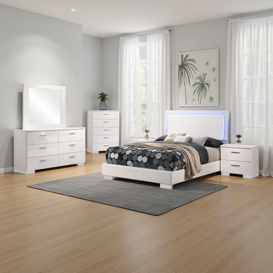 Sok 5pc Full Bedroom Set with Blue LED Lights | White High Gloss Wood
