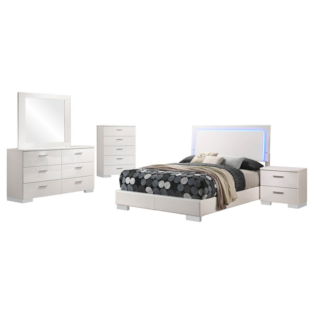 Sok 5pc Full Bedroom Set with Blue LED Lights | White High Gloss Wood