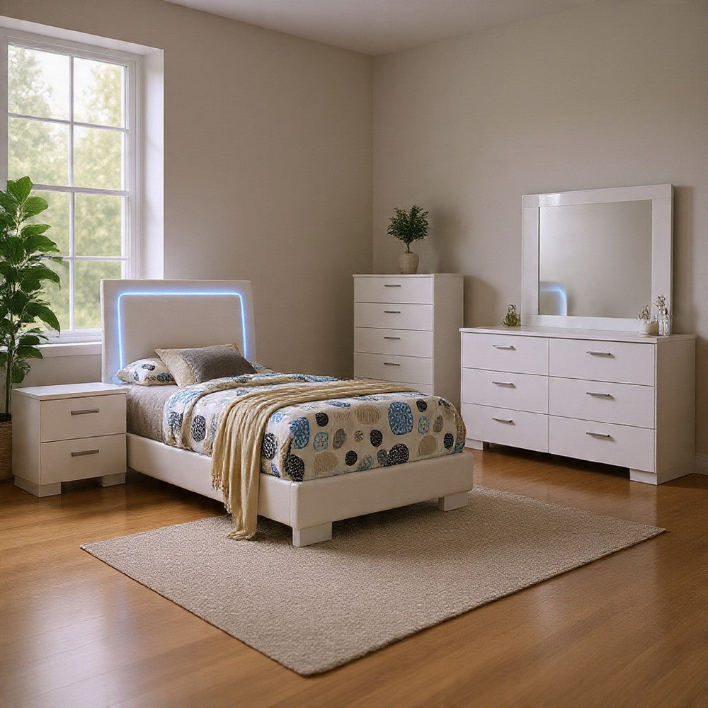 Sok 5pc Twin Bedroom Set with Blue LED Lights | White High Gloss Wood
