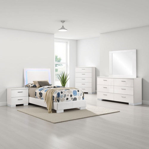 Sok 5pc Twin Bedroom Set with Blue LED Lights | White High Gloss Wood