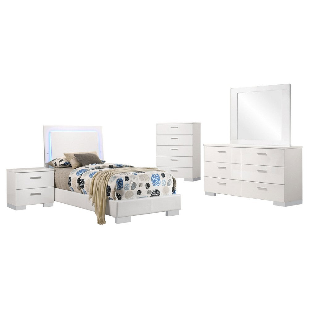 Sok 5pc Twin Bedroom Set with Blue LED Lights | White High Gloss Wood